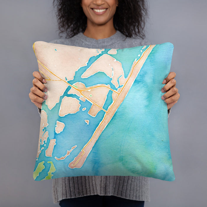 Person holding 18x18 Custom Wrightsville Beach North Carolina Map Throw Pillow in Watercolor