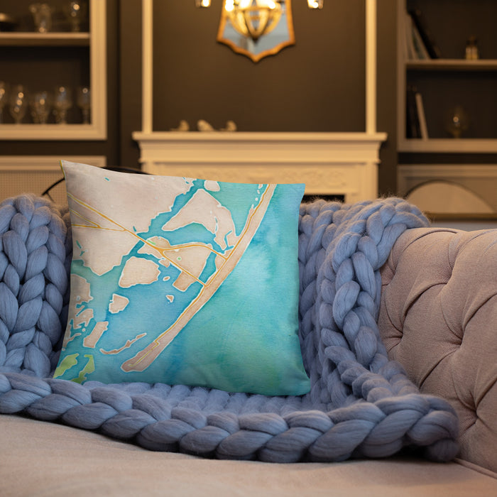 Custom Wrightsville Beach North Carolina Map Throw Pillow in Watercolor on Cream Colored Couch
