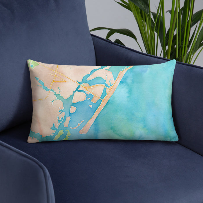 Custom Wrightsville Beach North Carolina Map Throw Pillow in Watercolor on Blue Colored Chair