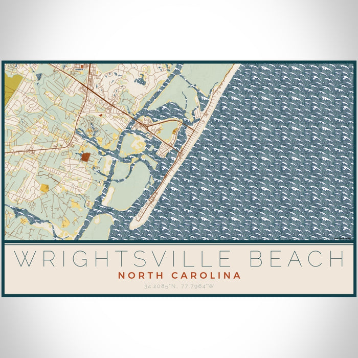 Wrightsville Beach North Carolina Map Print Landscape Orientation in Woodblock Style With Shaded Background
