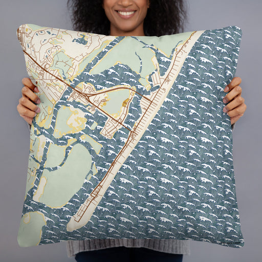 Person holding 22x22 Custom Wrightsville Beach North Carolina Map Throw Pillow in Woodblock