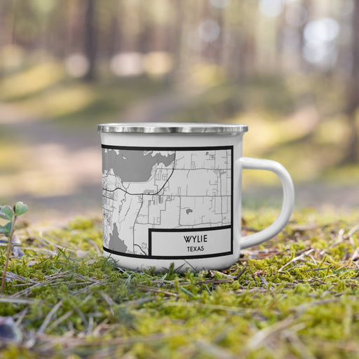 Right View Custom Wylie Texas Map Enamel Mug in Classic on Grass With Trees in Background