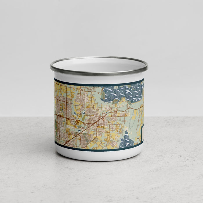 Front View Custom Wylie Texas Map Enamel Mug in Woodblock