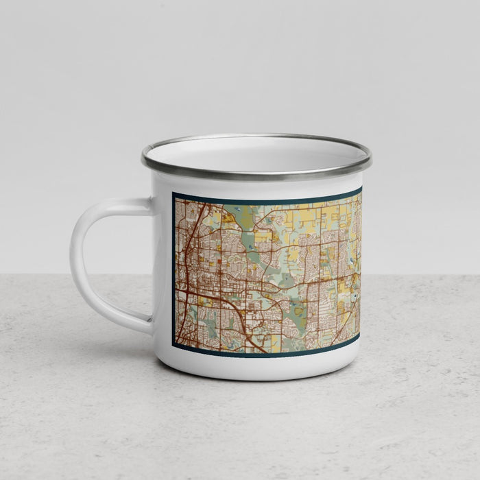 Left View Custom Wylie Texas Map Enamel Mug in Woodblock