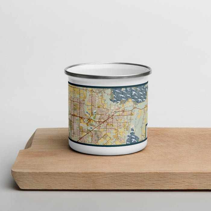 Front View Custom Wylie Texas Map Enamel Mug in Woodblock on Cutting Board