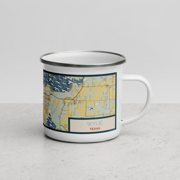 Right View Custom Wylie Texas Map Enamel Mug in Woodblock