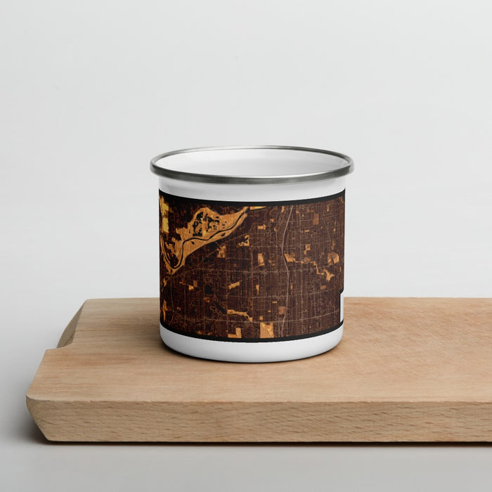 Front View Custom Wyoming Michigan Map Enamel Mug in Ember on Cutting Board