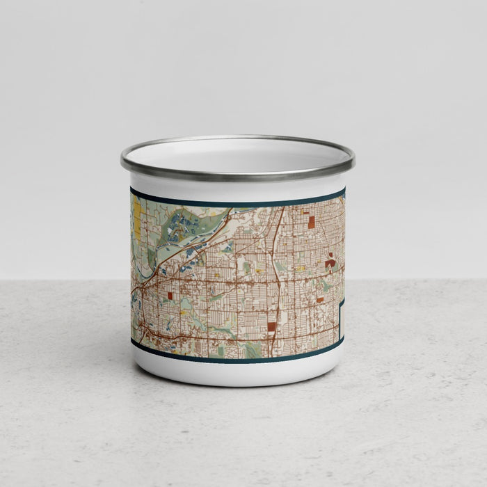 Front View Custom Wyoming Michigan Map Enamel Mug in Woodblock