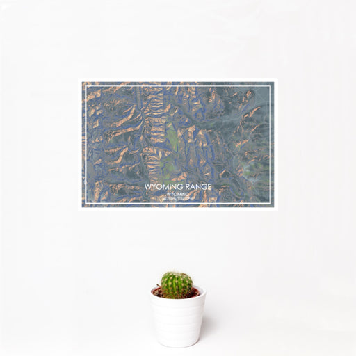 12x18 Wyoming Range Wyoming Map Print Landscape Orientation in Afternoon Style With Small Cactus Plant in White Planter