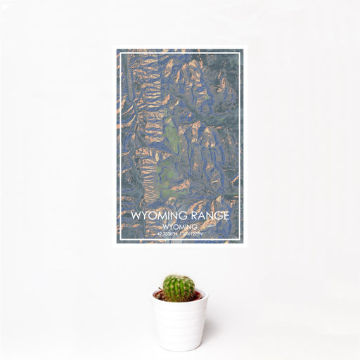 12x18 Wyoming Range Wyoming Map Print Portrait Orientation in Afternoon Style With Small Cactus Plant in White Planter