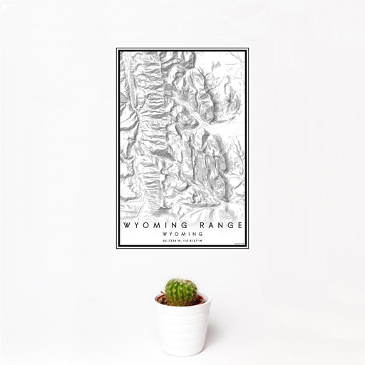 12x18 Wyoming Range Wyoming Map Print Portrait Orientation in Classic Style With Small Cactus Plant in White Planter