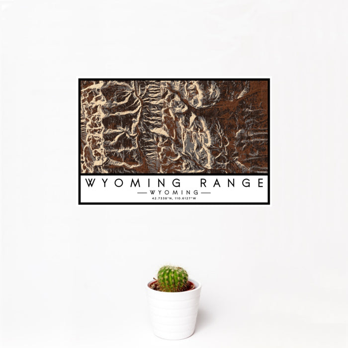 12x18 Wyoming Range Wyoming Map Print Landscape Orientation in Ember Style With Small Cactus Plant in White Planter