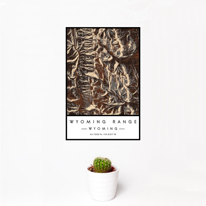12x18 Wyoming Range Wyoming Map Print Portrait Orientation in Ember Style With Small Cactus Plant in White Planter