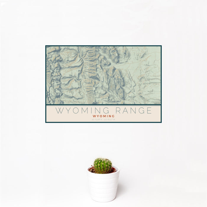 12x18 Wyoming Range Wyoming Map Print Landscape Orientation in Woodblock Style With Small Cactus Plant in White Planter