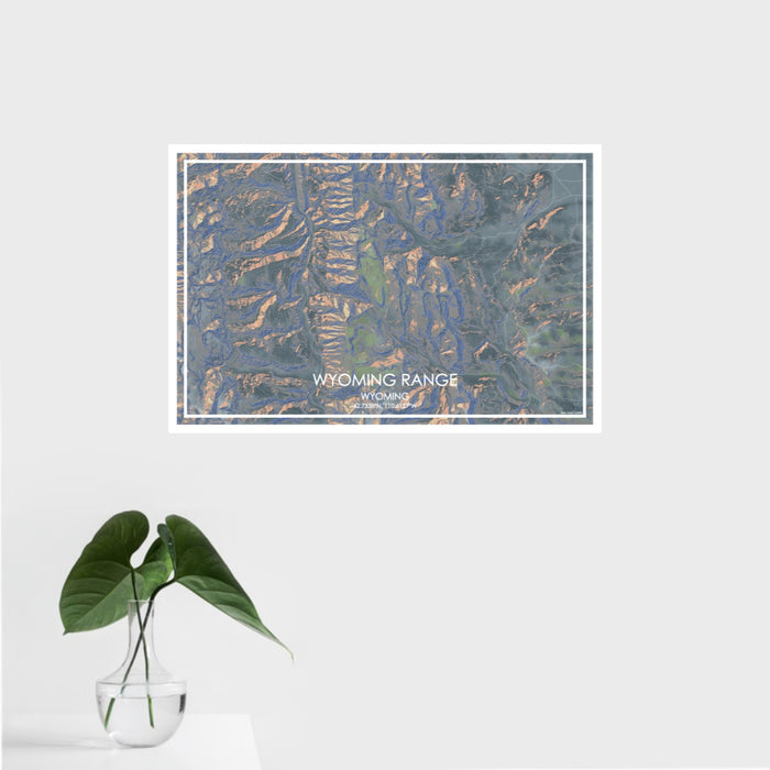 16x24 Wyoming Range Wyoming Map Print Landscape Orientation in Afternoon Style With Tropical Plant Leaves in Water