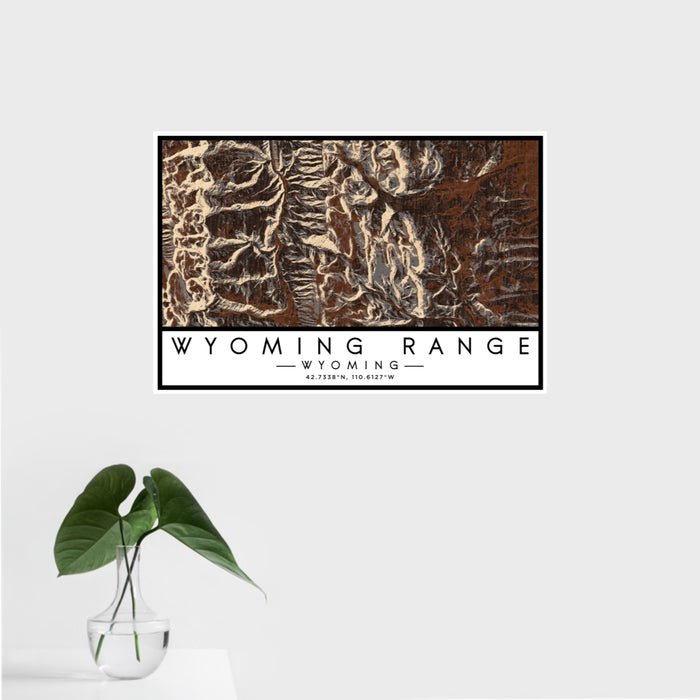 16x24 Wyoming Range Wyoming Map Print Landscape Orientation in Ember Style With Tropical Plant Leaves in Water