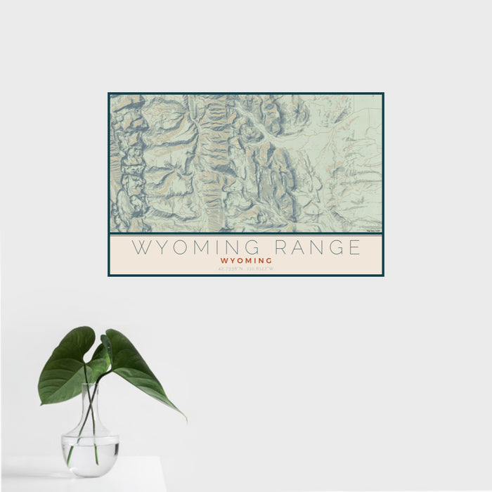 16x24 Wyoming Range Wyoming Map Print Landscape Orientation in Woodblock Style With Tropical Plant Leaves in Water