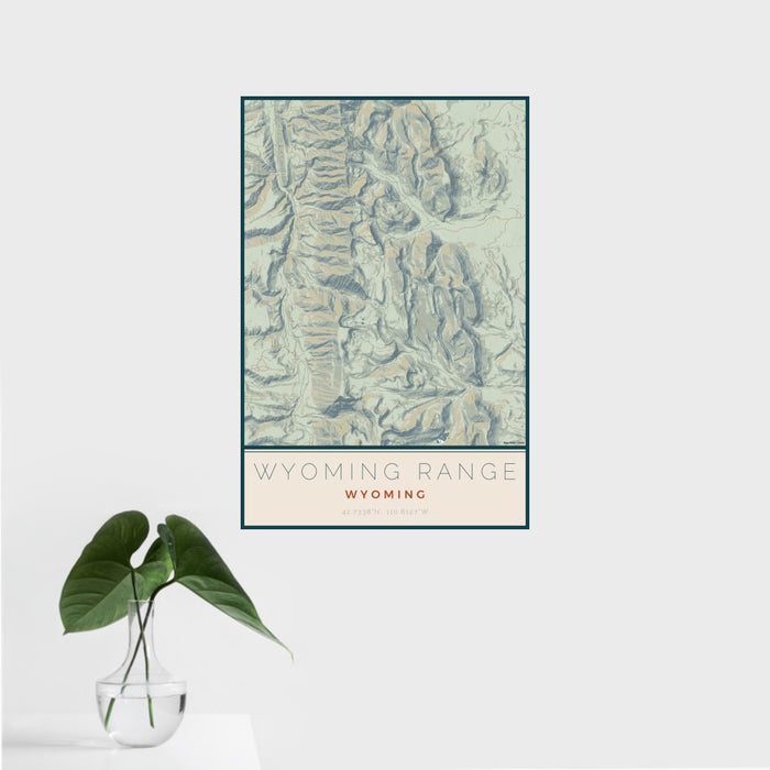 16x24 Wyoming Range Wyoming Map Print Portrait Orientation in Woodblock Style With Tropical Plant Leaves in Water