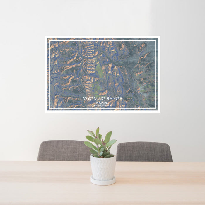 24x36 Wyoming Range Wyoming Map Print Lanscape Orientation in Afternoon Style Behind 2 Chairs Table and Potted Plant