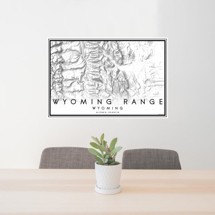 24x36 Wyoming Range Wyoming Map Print Lanscape Orientation in Classic Style Behind 2 Chairs Table and Potted Plant