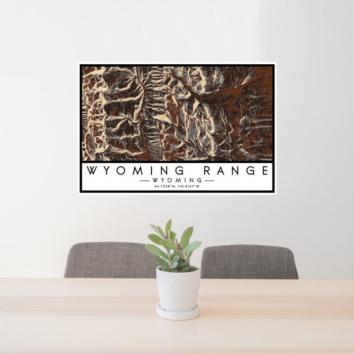 24x36 Wyoming Range Wyoming Map Print Lanscape Orientation in Ember Style Behind 2 Chairs Table and Potted Plant