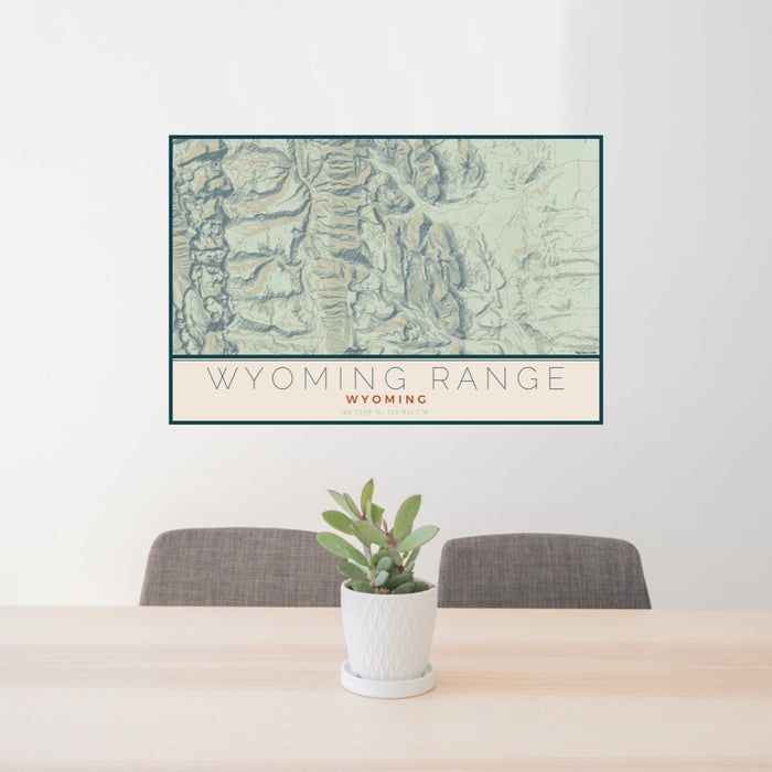 24x36 Wyoming Range Wyoming Map Print Lanscape Orientation in Woodblock Style Behind 2 Chairs Table and Potted Plant