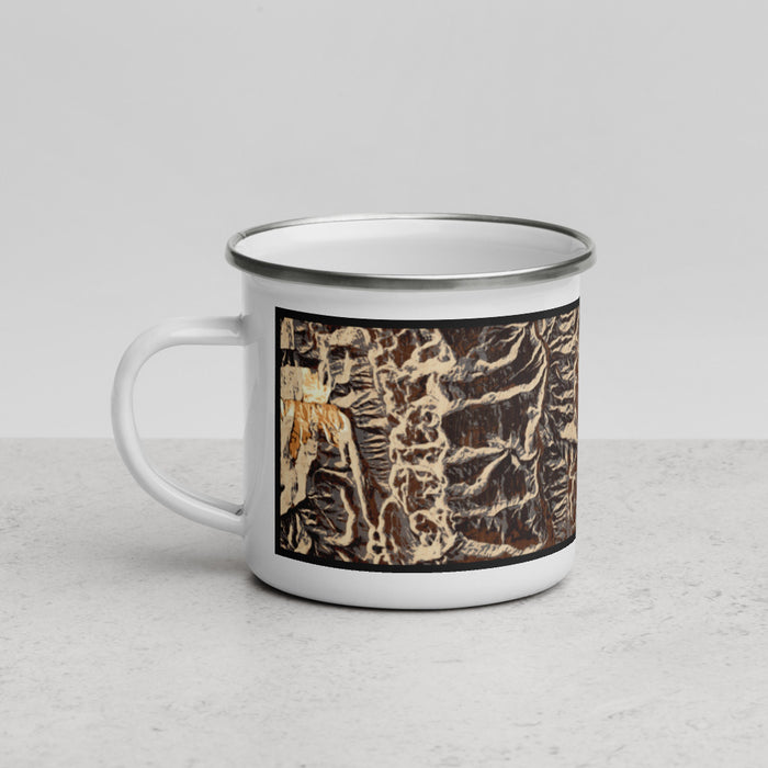 Left View Custom Wyoming Range Wyoming Map Enamel Mug in Ember