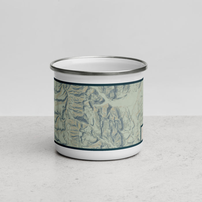 Front View Custom Wyoming Range Wyoming Map Enamel Mug in Woodblock