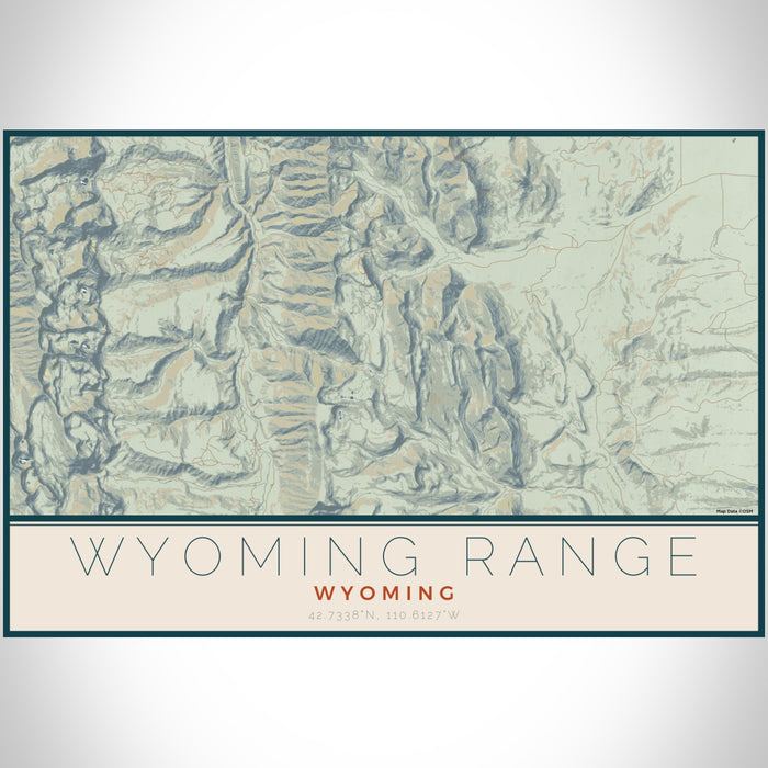 Wyoming Range Wyoming Map Print Landscape Orientation in Woodblock Style With Shaded Background