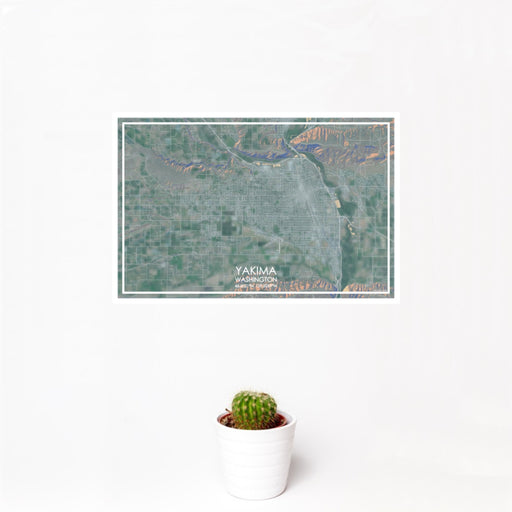 12x18 Yakima Washington Map Print Landscape Orientation in Afternoon Style With Small Cactus Plant in White Planter