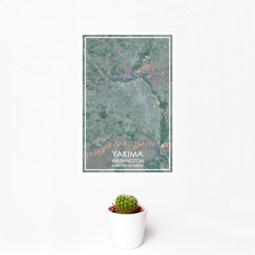 12x18 Yakima Washington Map Print Portrait Orientation in Afternoon Style With Small Cactus Plant in White Planter