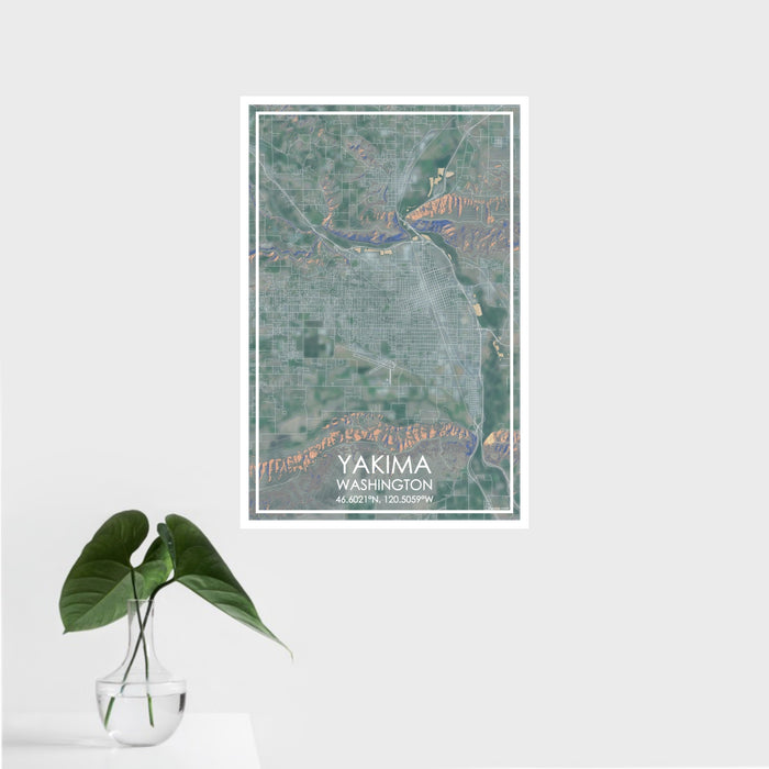 16x24 Yakima Washington Map Print Portrait Orientation in Afternoon Style With Tropical Plant Leaves in Water