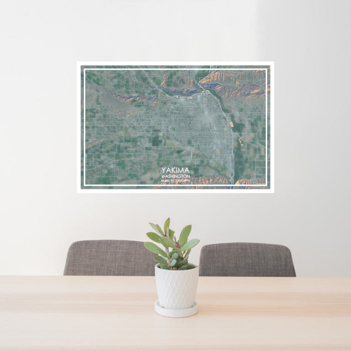 24x36 Yakima Washington Map Print Lanscape Orientation in Afternoon Style Behind 2 Chairs Table and Potted Plant