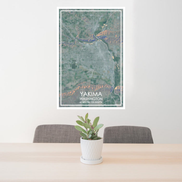 24x36 Yakima Washington Map Print Portrait Orientation in Afternoon Style Behind 2 Chairs Table and Potted Plant