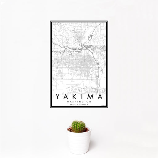 12x18 Yakima Washington Map Print Portrait Orientation in Classic Style With Small Cactus Plant in White Planter