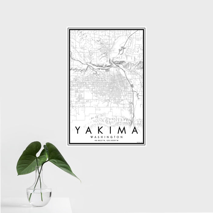 16x24 Yakima Washington Map Print Portrait Orientation in Classic Style With Tropical Plant Leaves in Water
