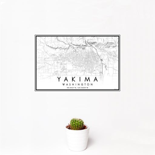 12x18 Yakima Washington Map Print Landscape Orientation in Classic Style With Small Cactus Plant in White Planter