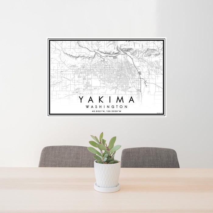 24x36 Yakima Washington Map Print Landscape Orientation in Classic Style Behind 2 Chairs Table and Potted Plant