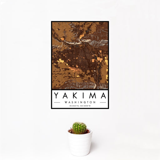 12x18 Yakima Washington Map Print Portrait Orientation in Ember Style With Small Cactus Plant in White Planter