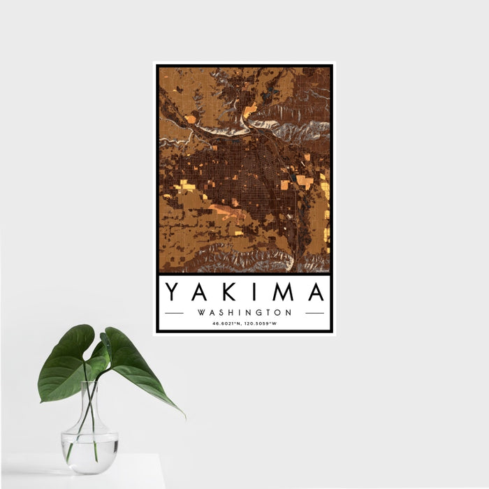 16x24 Yakima Washington Map Print Portrait Orientation in Ember Style With Tropical Plant Leaves in Water