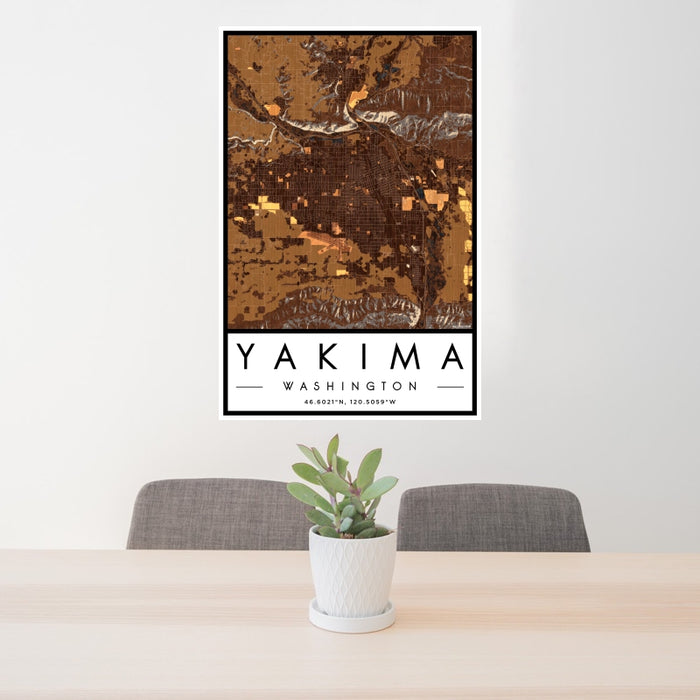 24x36 Yakima Washington Map Print Portrait Orientation in Ember Style Behind 2 Chairs Table and Potted Plant
