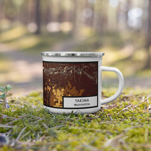 Right View Custom Yakima Washington Map Enamel Mug in Ember on Grass With Trees in Background