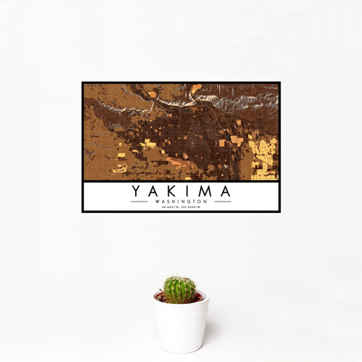 12x18 Yakima Washington Map Print Landscape Orientation in Ember Style With Small Cactus Plant in White Planter