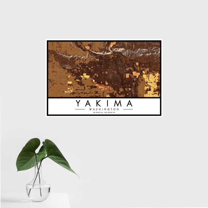 16x24 Yakima Washington Map Print Landscape Orientation in Ember Style With Tropical Plant Leaves in Water