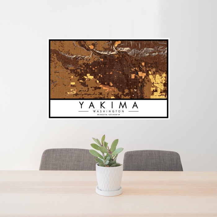 24x36 Yakima Washington Map Print Landscape Orientation in Ember Style Behind 2 Chairs Table and Potted Plant