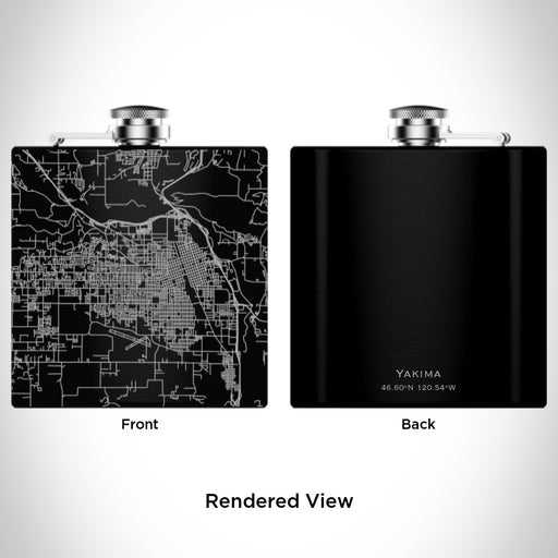 Rendered View of Yakima Washington Map Engraving on 6oz Stainless Steel Flask in Black