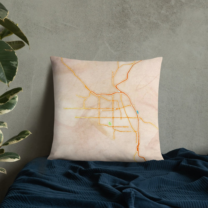 Custom Yakima Washington Map Throw Pillow in Watercolor on Bedding Against Wall