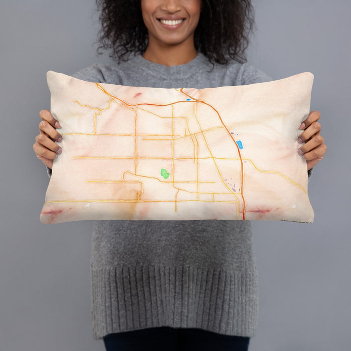Person holding 20x12 Custom Yakima Washington Map Throw Pillow in Watercolor