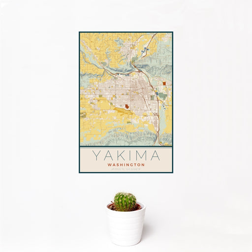 12x18 Yakima Washington Map Print Portrait Orientation in Woodblock Style With Small Cactus Plant in White Planter