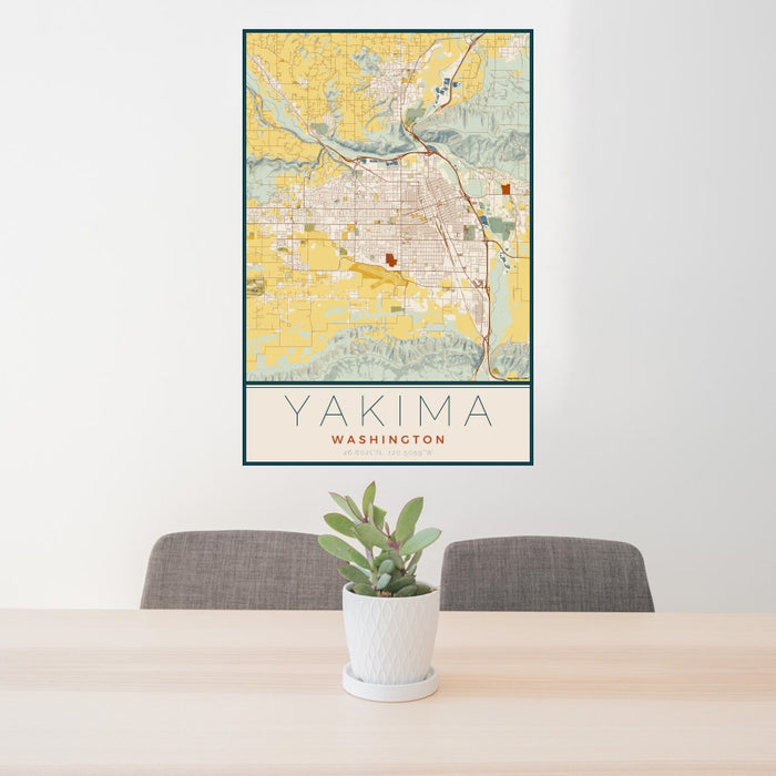 24x36 Yakima Washington Map Print Portrait Orientation in Woodblock Style Behind 2 Chairs Table and Potted Plant